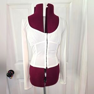 Lush White Faux Corset Long Sleeve Ribbed Top